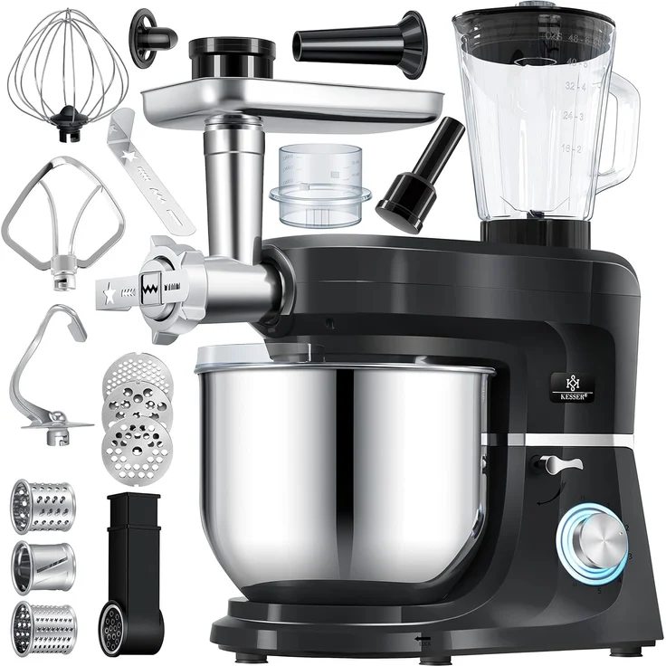 KESSER K-KM 3000 3 in 1 Universal Küchenmaschine, 1500W, 5,5L Schüssel, inkl. Fleischwolf, 3 Rührwerkzeuge, 1,5L Entsafter, Wurst Set Pasta & Plätzchenformen, schwarz – Bild 1
