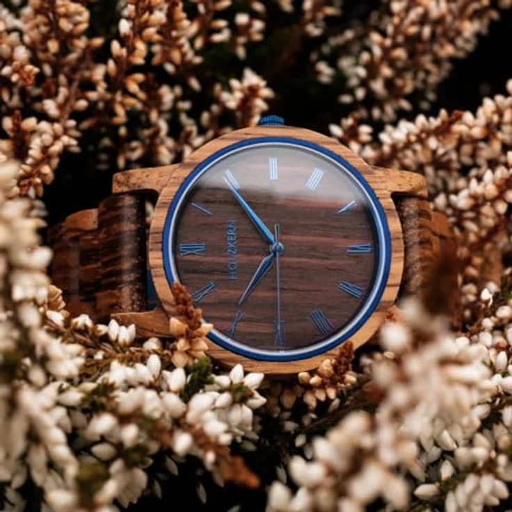 Holzkern Quarzuhr Herbstmorgen, Unisex Armbanduhr aus Zebrano/Wenge mit japanischem Quarzwerk und blauem Zifferblatt – Bild 9