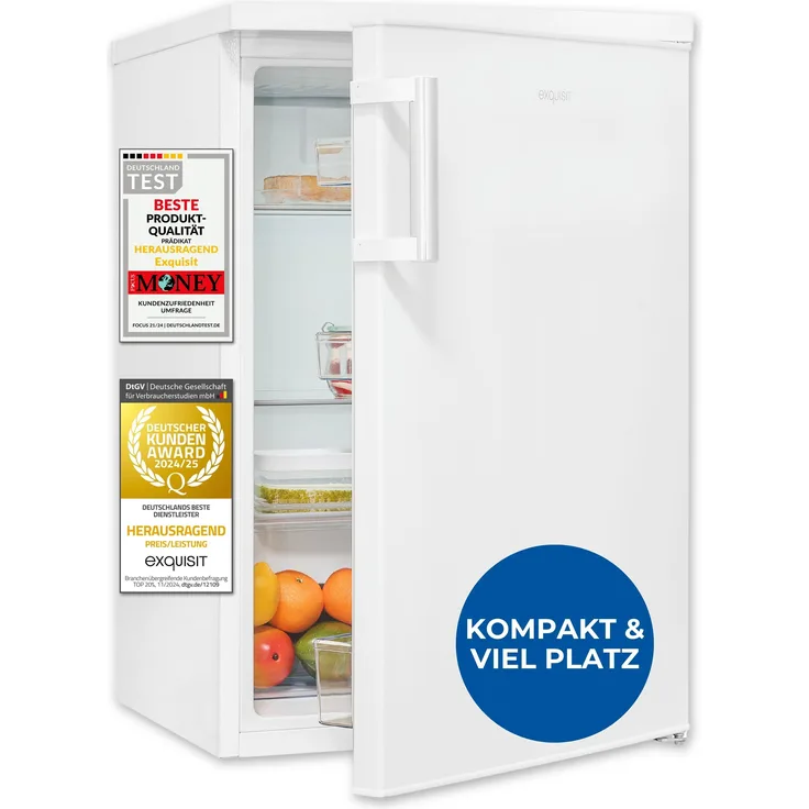 Exquisit KS16-V-H-010C, Kühlschrank ohne Gefrierfach, 133 l, LED-Beleuchtung, 3 Glasablagen, manuelle Temperaturregelung, wechselbarer Türanschlag, weiß