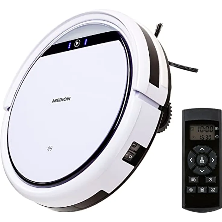 MEDION Saugroboter mit Ladestation E32 (Roboterstaubsauger für Hartböden, Fliesen, Laminat, Tierhaar optimiert, Direktabsaugung, autom. Rückkehr zur Ladestation)