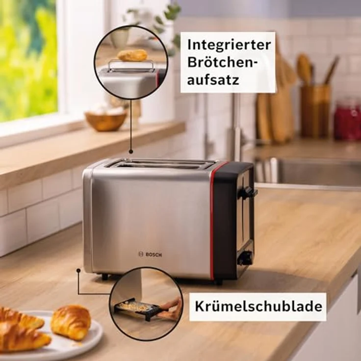 Bosch Kompakt Toaster MyMoment TAT6M420, entnehmbarer klappbarer Brötchenaufsatz, mit Auftaufunktion, Abschaltautomatik, Liftfunktion, Brotzentrierung, ideal für 2 Scheiben, 800 Watt, Edelstahl – Bild 3