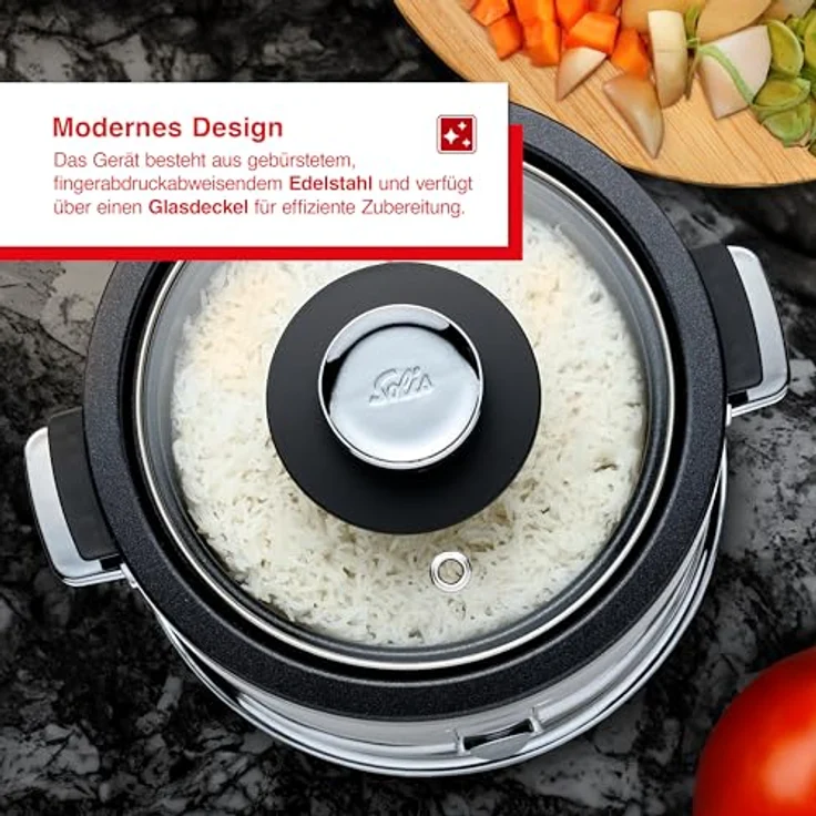 Solis Rice Cooker Multi – Reiskocher mit Dampfgarfunktion, Warmhalte- & Aufwärmfunktion – 6 Tassen Kapazität, PFAS-freie Antihaftbeschichtung, Edelstahlgehäuse, Glasdeckel, 650W – Bild 5