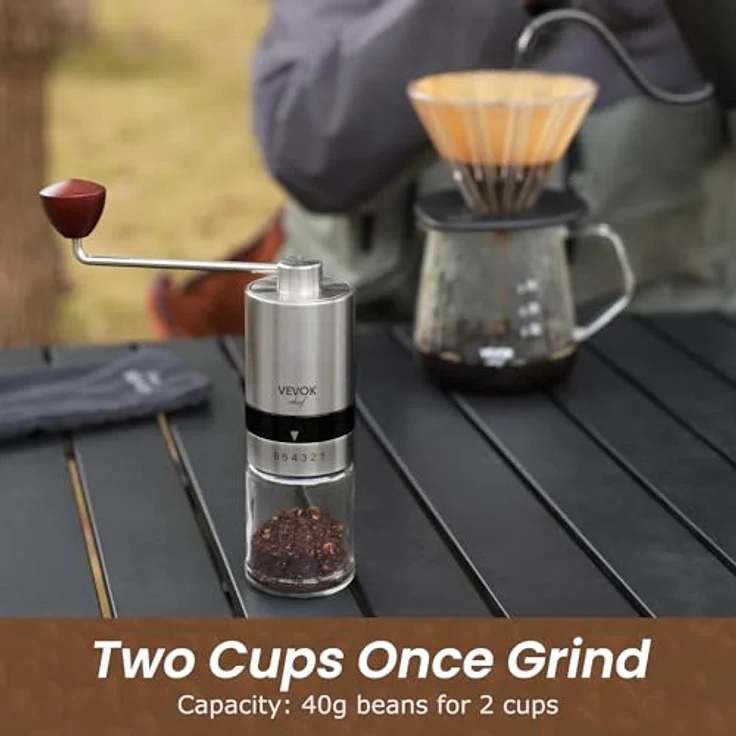 VEVOK CHEF Manuelle Kaffeemühle Edelstahl mit 6 Einstellmöglichkeiten, tragbare Handkurbelmühle für Zuhause und Camping – Bild 5