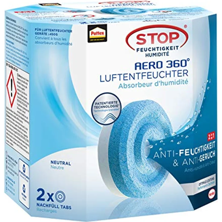 Pattex AERO 360° Neutral Tabs Nachfüllpack, reduzieren Feuchtigkeit und schlechte Gerüche, Nachfülltabs für den Luftentfeuchter AERO 360°, 2er-Pack (2x450g) – Bild 1