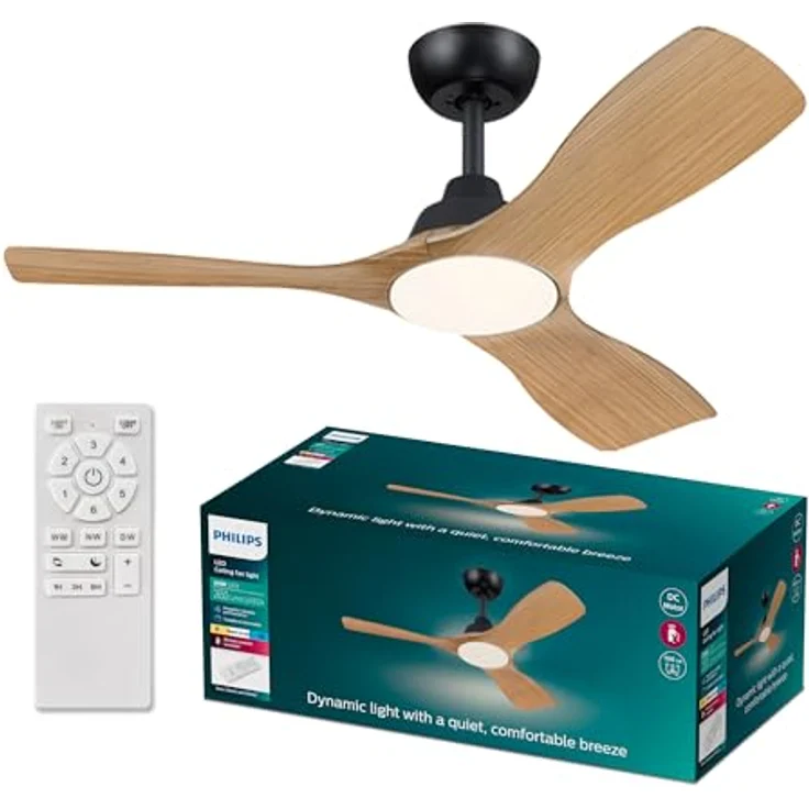 Philips Olas Deckenventilator, 3 Flügel, 42", 24 W LED-Licht mit Dimmfunktion und Farbtemperatur (3000 K, 4300 K, 6500 K), Schwarz/Holz, inkl. Fernbedienung, DC-Motor – Bild 1