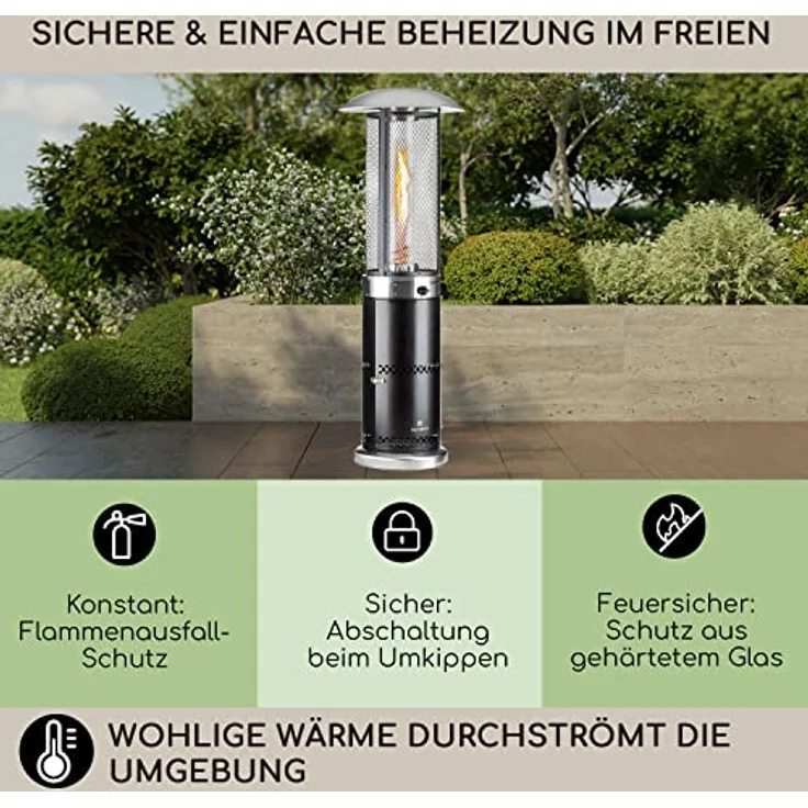 Blumfeldt Heizpilz Gas für Terrasse, Garten & Balkon, 360°Flammen-Blick, Outdoor-Gasheizstrahler, Elektrische Zündung, Bodenrollen - silber – Bild 4