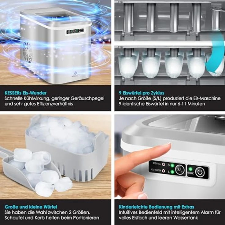 KESSER® Eiswürfelbereiter | Eiswürfelmaschine Edelstahl | Ice Maker | 12 kg 24 h | Zubereitung in 7 min | 2,2 Liter Wassertank | 2 Eiswürfel-Größen | LED-Display | Selbstreinigungsfunktion | Silber – Bild 3