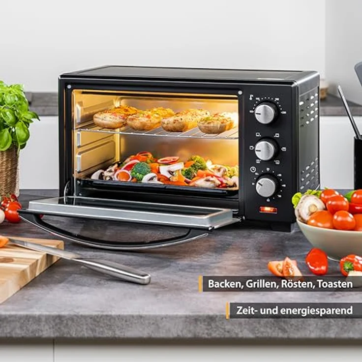 TZS First Austria 20 Liter Minibackofen mit 1380 Watt schwarz | Unter-Oberhitze bis 230 Grad stufenlose Temperaturregelung | 60 Minuten Timer | Doppelglastür | Mini Ofen | Krümelblech – Bild 2
