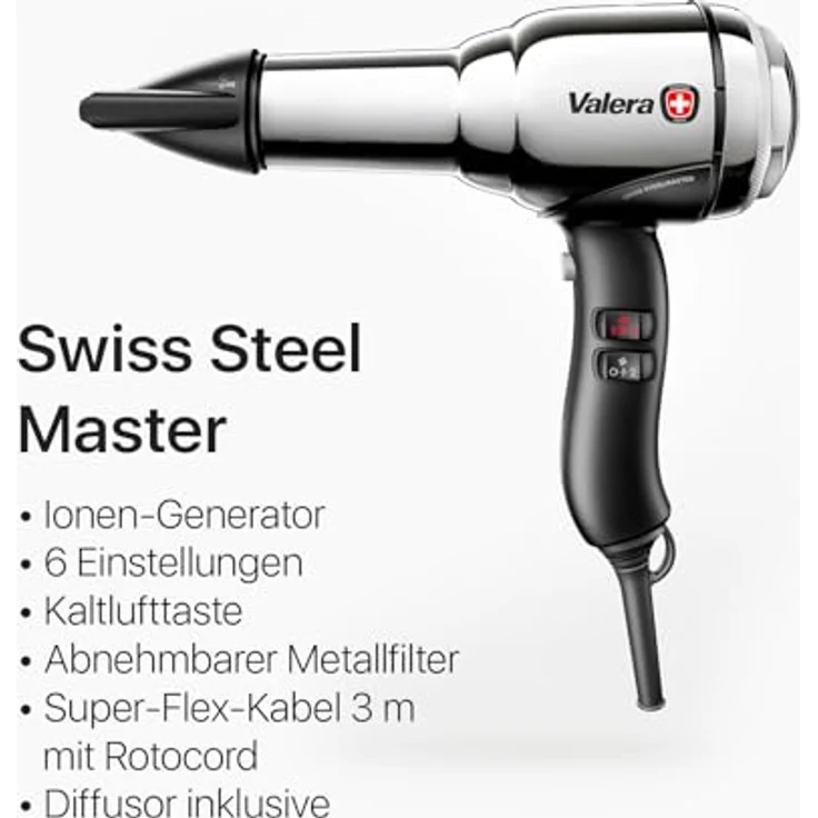 Valera, Swiss Steel Master, professioneller Haartrockner aus verchromtem Premium-Stahl, leichter Föhn mit leistungsstarkem Motor, 3 Temperaturstufen, Ionen-Generator, verdrehsicheres Flex-Kabel, 2100W – Bild 2