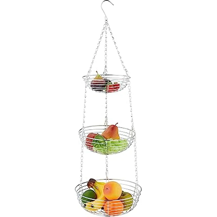 Relaxdays Obstkorb hängend, HxD: 82 x 26,5 cm, 3 Etagen, Metall, runder Hängekorb für Obst & Gemüse, Obstschale, Silber – Bild 1