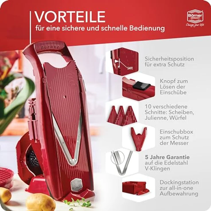 Börner Gemüsehobel V5 PowerLine Profi Set, Kunststoff, mit 2 Messereinschüben und Dockingstation rot – Bild 5