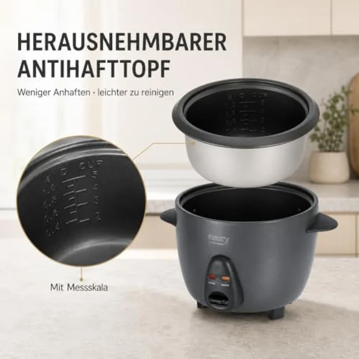 Camry CR 6419g Reiskocher grau, 1L, 400W, mit Koch- und Warmhaltemodus, Antihaft-Innenbehälter und Glasdeckel – Bild 3