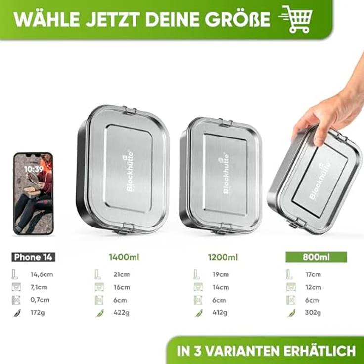 Blockhütte Premium Edelstahl Brotdose 800ml für Kinder mit 3x Fächern und Ersatzdichtung auslaufsicher - Brotzeitdose klein – Bild 4
