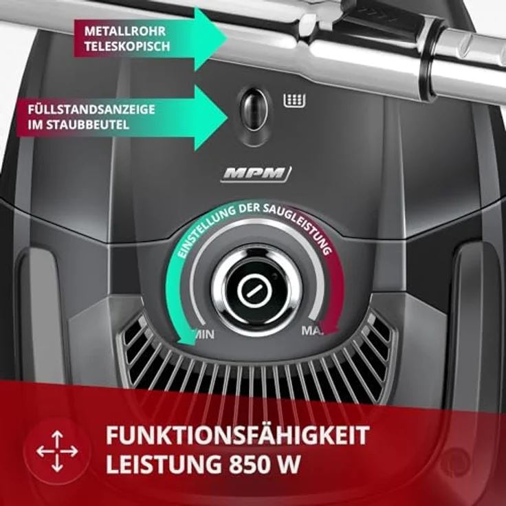 MPM MOD-52 Beutelstaubsauger, 850W mit HEPA Filter, 2L Staubbeutel, Metall Teleskoprohr, 7m Aktionsradius, Saugkraftregulierung – Bild 4