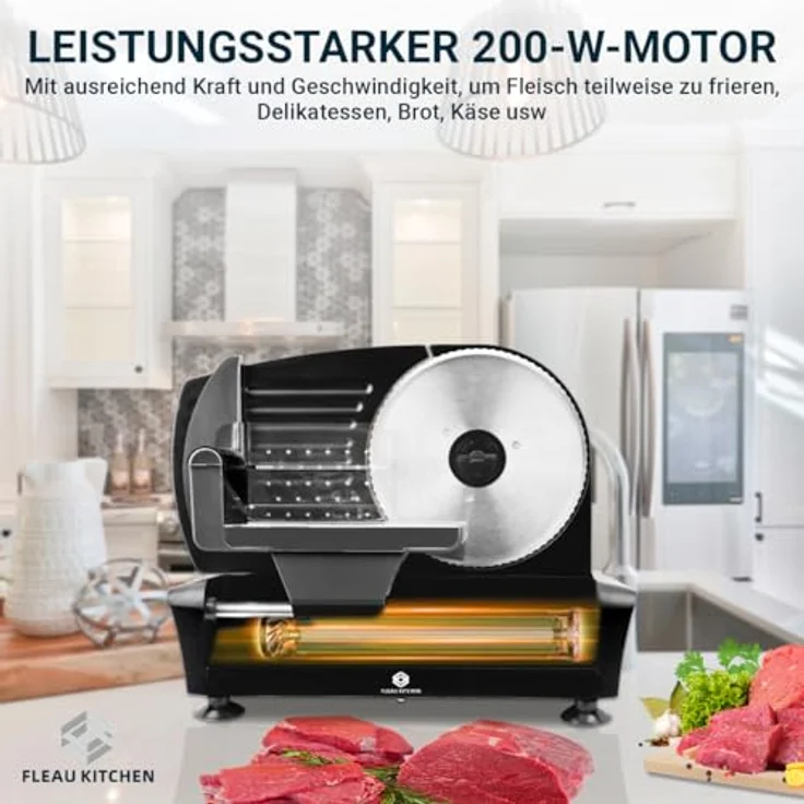 Fleau Kitchen Profi-Fleischschneider – 2x Edelstahl-Schneidmesser – Stärke verstellbar – leistungsstarker Motor – Allzweckschneider in luxuriösem Schwarz – Bild 3