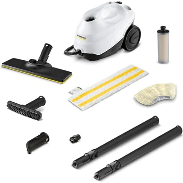 Kärcher Dampfreiniger SC 3 EasyFix, Dampfdruck: max. 3,5 bar, Aufheizzeit: 30 s, Leistung: 1.900 W, Flächenleistung: 75 m², Tank: 1 l, mit Entkalkungskartusche, Bodenreinigungsset und Düsen, Weiss – Bild 1