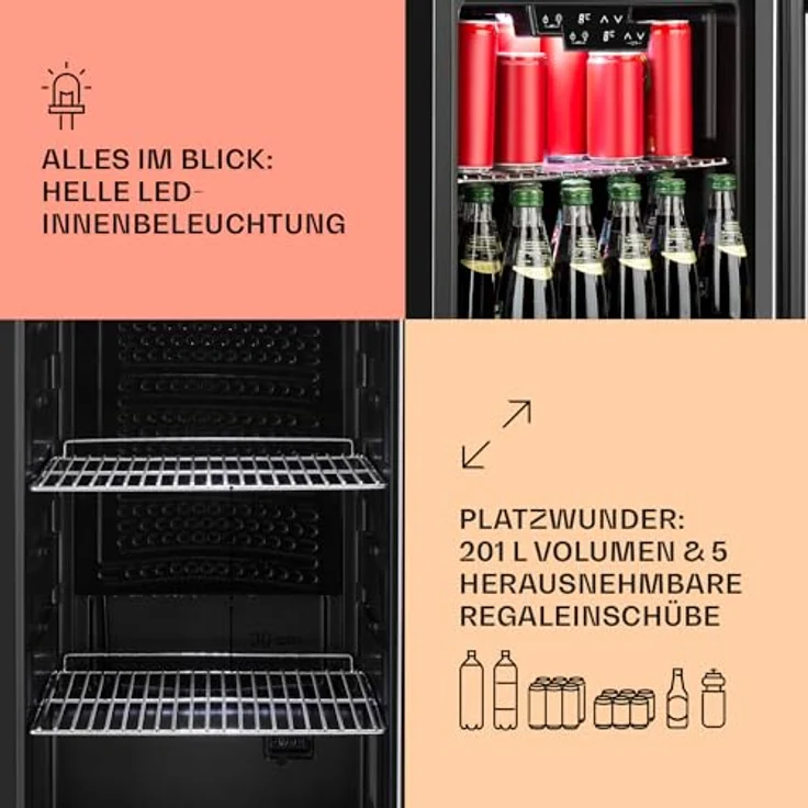Klarstein Mini Kühlschrank mit Glastür, 201 Liter Getränkekühlschrank, leise mit verstellbaren Ablagen, Edelstahl – Bild 4