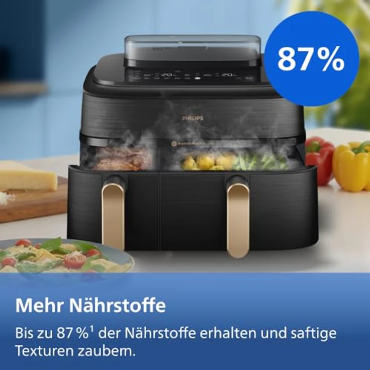 Philips Heißluftfritteuse 5000 Series NA552/00, Dual Basket mit Steam und 9L Kapazität (6L+3L), 2750 W, RapidAir Plus Technologie, Dampfreinigung, HomeID App, Schwarz/Kupfer – Bild 10