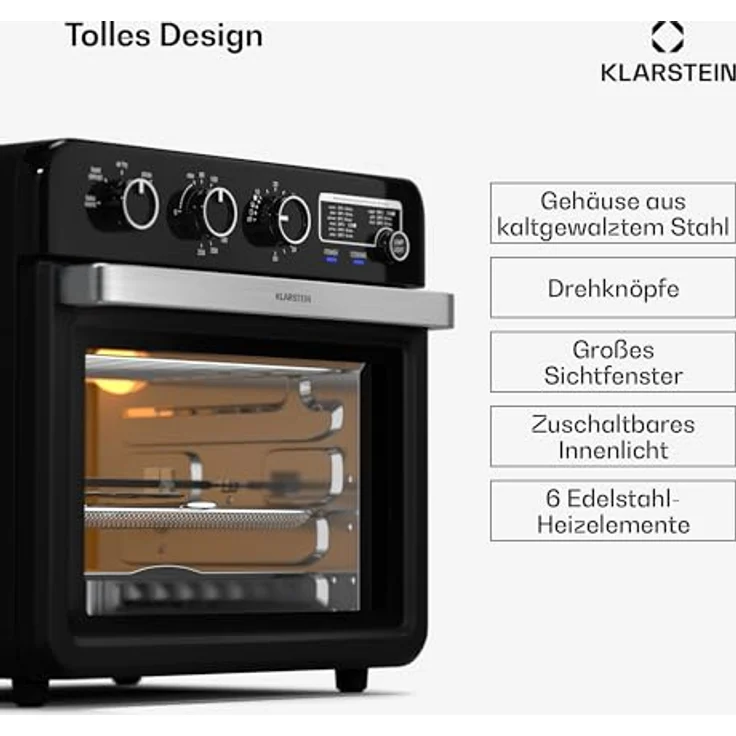 Klarstein AirGlaze Heißluftfritteuse – 34 L, 2000 W, 9 Programme, Rotisserie, Panoramascheibe, Schwarz – Bild 4