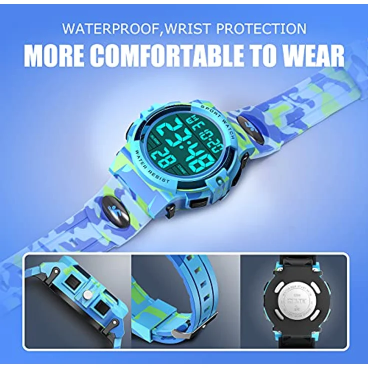 Dislocati Kinderuhr Digitaluhr für Jungen 6-15 Jahre, wasserdicht mit LED-Hintergrundbeleuchtung, Wecker und Stoppuhr, Geschenk für Weihnachten – Bild 4