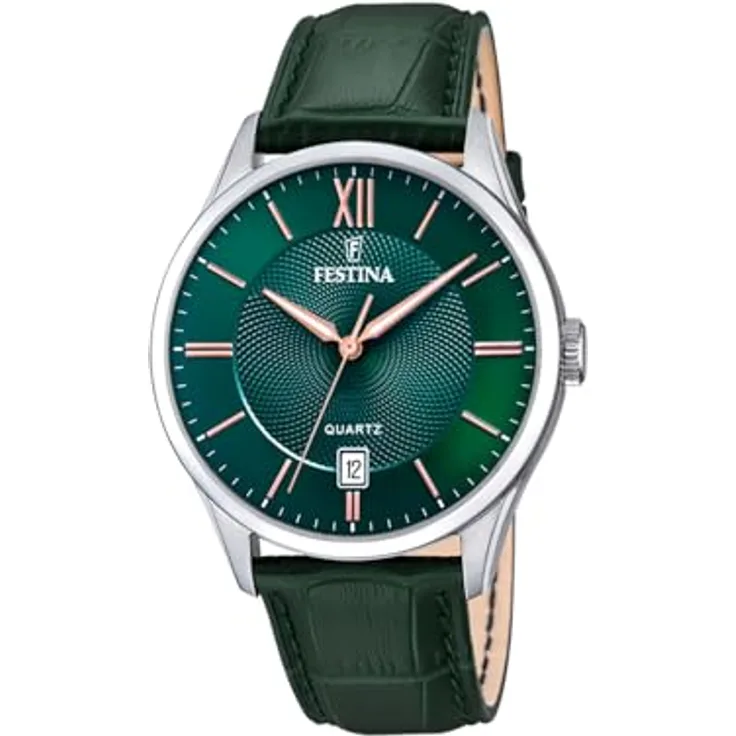 Festina Herren Analog Quarz Uhr mit Leder Armband F20426/7, silber-grünes Ziffernblatt, 43mm Edelstahlgehäuse, Datum, Wasserdicht 5 bar