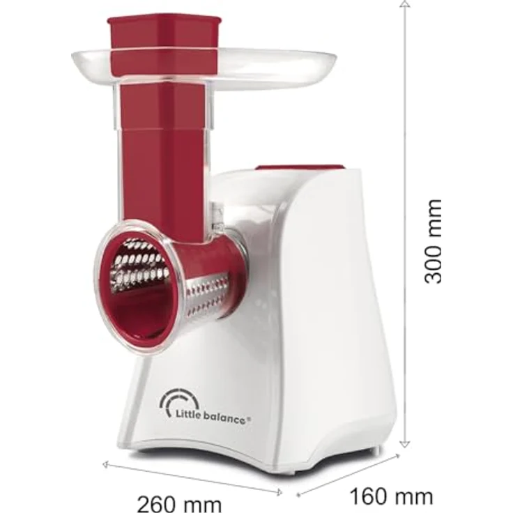 LITTLE BALANCE 8701 Easy Veggie, elektrischer Gemüseschneider 4 in 1 mit 5 Edelstahlzubehörteilen, 150 W, weiß/rot – Bild 2