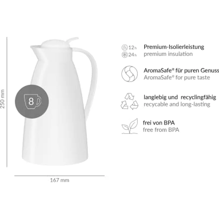 alfi 0825.010.100 Isolierkanne Eco, Kunststoff gefrostet Weiß 1,0 l, 12 Stunden heiß, 24 Stunden kalt – Bild 3