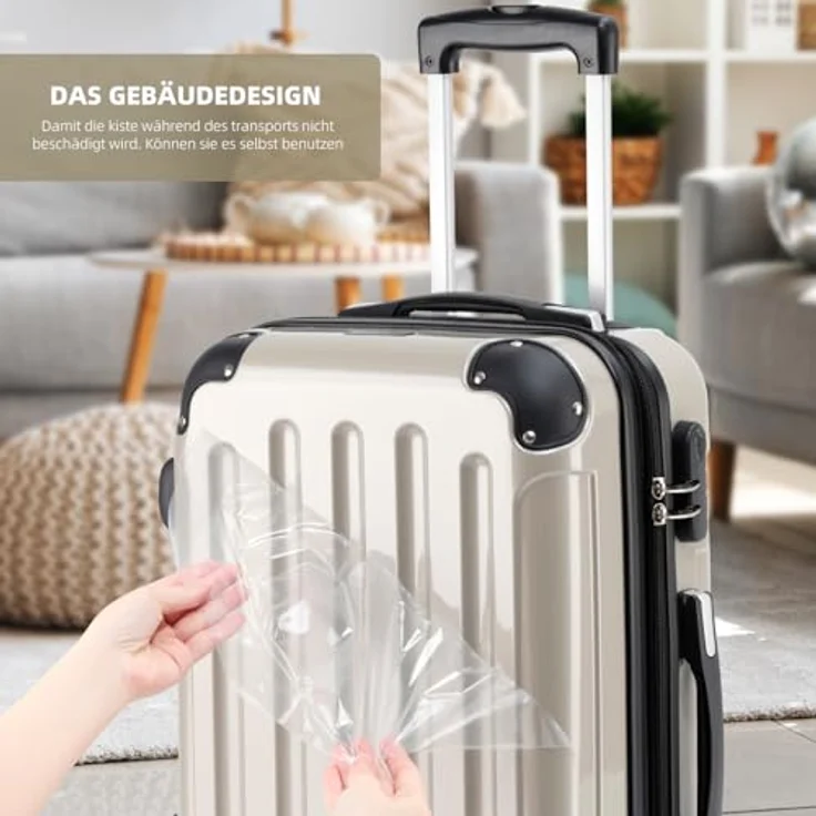 BEIBYE 3er Kofferset Hartschalen-Koffer Trolley Set mit erweiterbarem Volumen, 4 Doppelrollen, champagner – Bild 4