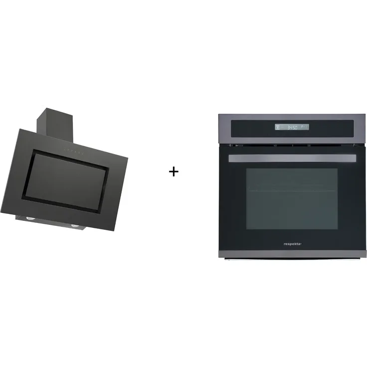 Respekta Herdset Einbau Backofen DIGI8BLACKSTEEL mit 66L Garraum, 10 Beheizungsarten und Schräghaube Dunstabzugshaube 90 cm in Blacksteel