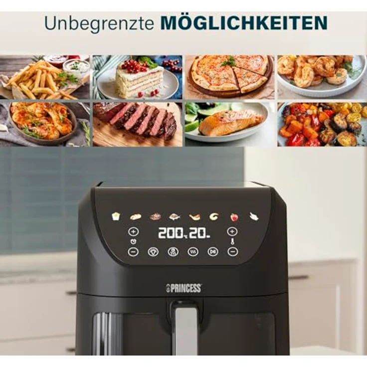 Princess 8L SlimFry Heißluftfritteuse 182258.01, fettfreie Kochtechnologie, 8 Programme, transparentes Sichtfenster, 2000 W, Schwarz – Bild 5