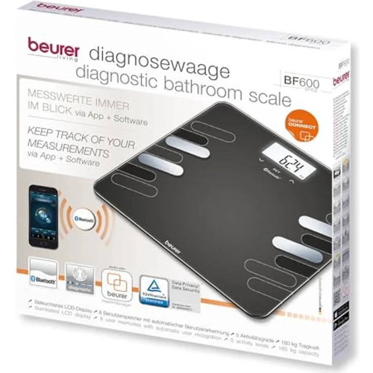 Beurer BF 600 Style Diagnosewaage, Messung von Körperfett, Körperwasser, Muskelanteil und Knochenmasse, Kalorienbedarf AMR, BMR, BMI, mit App, zertifizierter Datenschutz – Bild 6