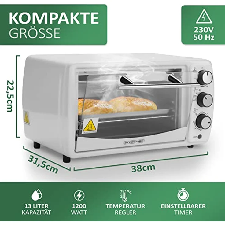 Mini Backofen 13 Liter 1200 Watt Pizzaofen 65°-230°C Timer aufklappbares Krümelblech Minibackofen Kleiner Oven – Bild 4