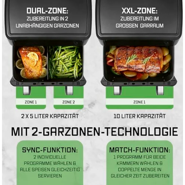 GOURMETmaxx Heißluftfritteuse AirGenius 10 l (2 x 5 l), Vario-Kammer, 2800 W, 10 Programme, Multi-Colour-LED-Touch-Display – Bild 6