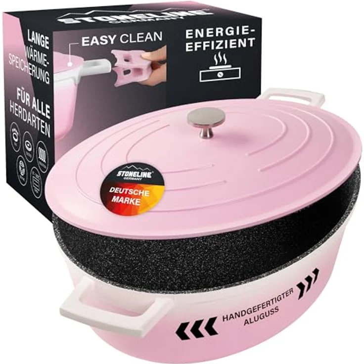STONELINE Cocotte Bräter mit Deckel Induktion 32 cm, 6,6 L, Aluguss Topf beschichtet mit echten Steinpartikeln, Bratentopf Schmortopf mit Deckel Backofengeeignet, für alle Herdarten, Rosa – Bild 1