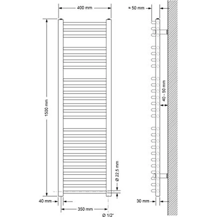 LuxeBath Badheizkörper 400x1500mm Weiß Gebogen, Seitenanschluss, hohe Wärmeleitfähigkeit, platzsparendes Design – Bild 2