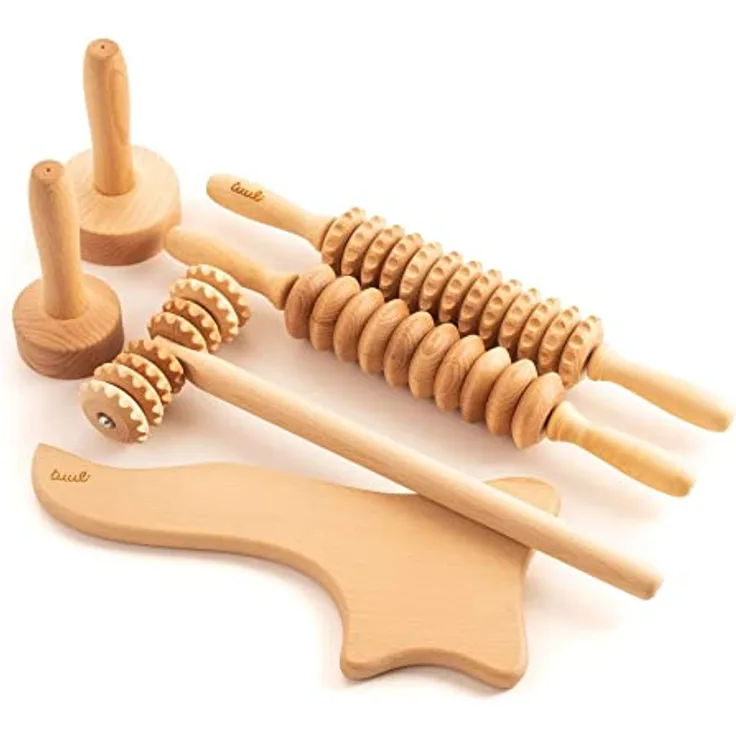 tuuli Accessories Maderotherapie Holz Set Massagegerät Swedische Tasse Massageroller Cellulite Lymphdrainage Gerät