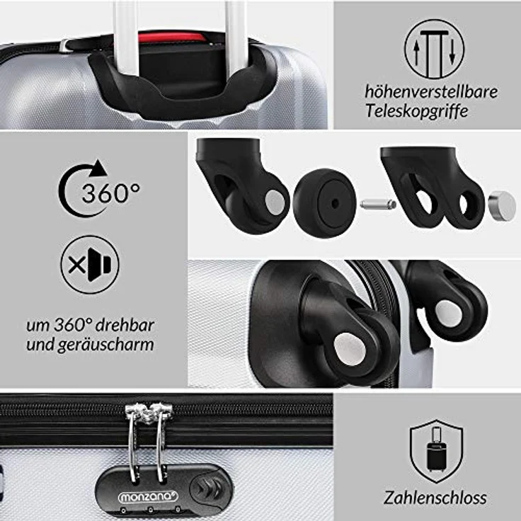 Monzana® Koffer Baseline Handgepäck ABS Hard Case Gehäuse gummierte Rollen Teleskopgriff Zahlenschloss Reisekoffer Hartschalenkoffer Trolley Silber M – Bild 3