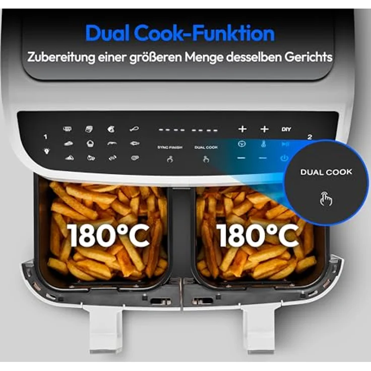MEDION P20 XXL Heißluftfritteuse, 2 Kammern, 8,7 Liter, 2.600W, 9 Automatikprogramme, Dual Cook & Sync-Finish, Sichtfenster, matt – Bild 5