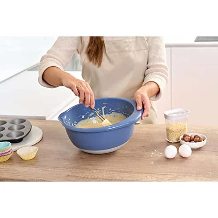 Emsa K324S3 Prep&Bake 3er Set Kunststoff-Rührschüssel | 1,4 + 2,8 + 4,7 L | rutschfester Boden | ideale Stabilität | Ausgießlippe für präzises, sauberes Ausgießen | spülmaschinenfest | Rosa/Grün/Blau – Bild 5