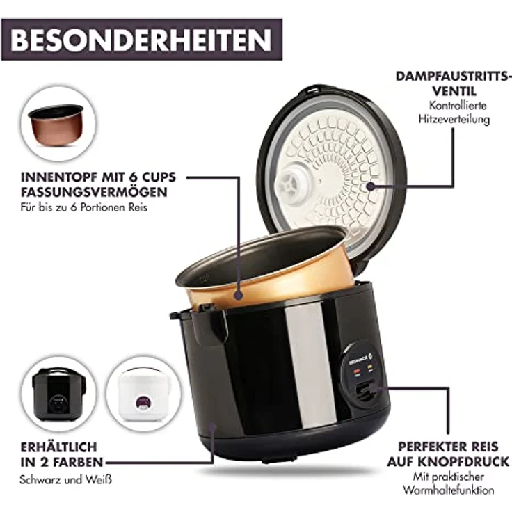 REISHUNGER Reiskocher & Dampfgarer mit Keramikbeschichtung, Schwarz - Für 1-6 Personen - Schnelle Zubereitung ohne Anbrennen - Mit Warmhaltefunktion inkl. Dämpfeinsatz, Löffel & Messbecher – Bild 2