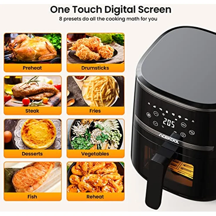 Heißluftfritteuse 5QT XXL Friteuse Heissluft Fritteusen Air Fryer mit Silicon Liner, 8 Presets Geräuscharme Air Fryers mit Sichtfenster Acekool – Bild 3