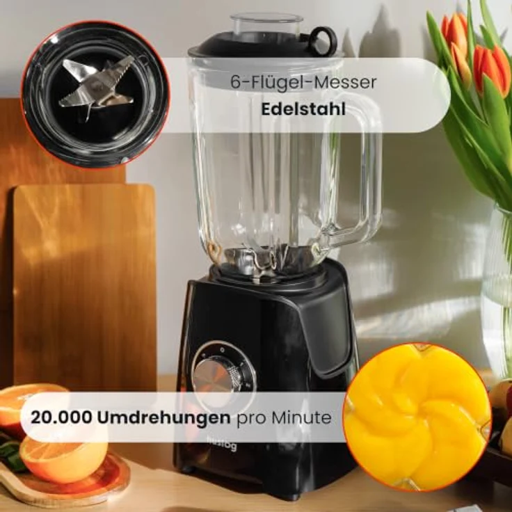 Huslog Standmixer Bechermixer 1200W, 1500 ml Behälter, Pulsfunktion, Edelstahl-Kreuzklingen, Schwarz – Bild 4