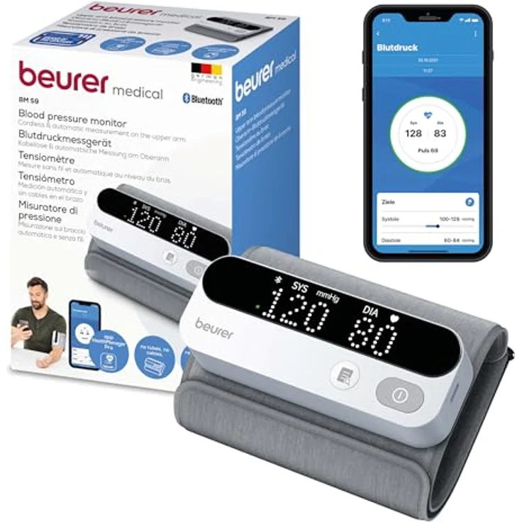 Beurer BM 59 Oberarm-Blutdruckmessgerät, innovative Manschette ohne Schläuche und Kabel, LED-Risikoindikator, Arrhythmie-Erkennung, für Oberarmumfänge von 22-42 cm, mit App-Anbindung - Preisvergleich – Bild 1