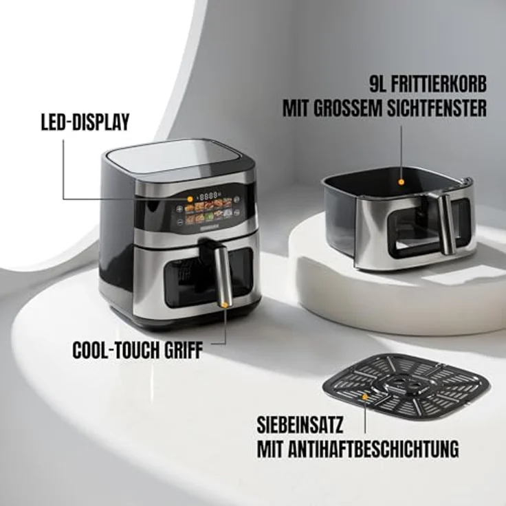 Heinrich´s Heißluftfritteuse XXL, 9 Liter, 10in1 Air Fryer, LED-Display mit Sensor-Touch, 1800W, fettfreie Zubereitung, spülmaschinenfester Korb, Timer – Bild 2
