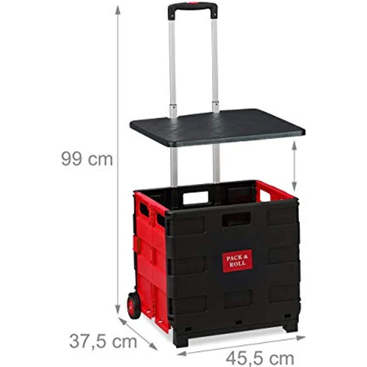 Relaxdays Einkaufstrolley klappbar, bis 35 kg, 50 l Kiste, mit Teleskopgriff, 2 Rollen, Transport Trolley, rot/schwarz - Preisvergleich – Bild 4