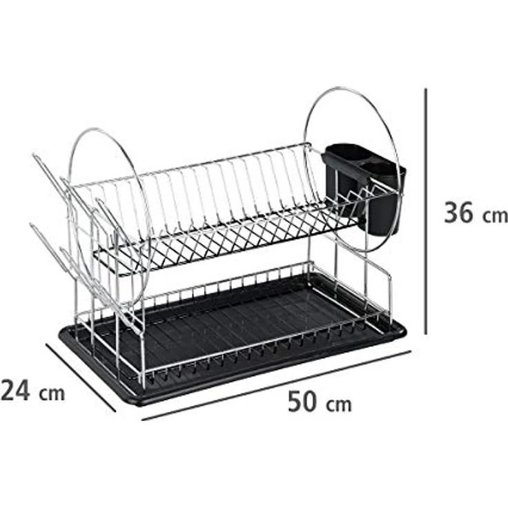 WENKO Geschirrabtropfer Premium Duo, Geschirr Abtropfständer für die Küche, Abtropfgestell mit Besteckkasten und Tellerständer, 52 x 36 x 24 cm, Silber-Schwarz – Bild 4