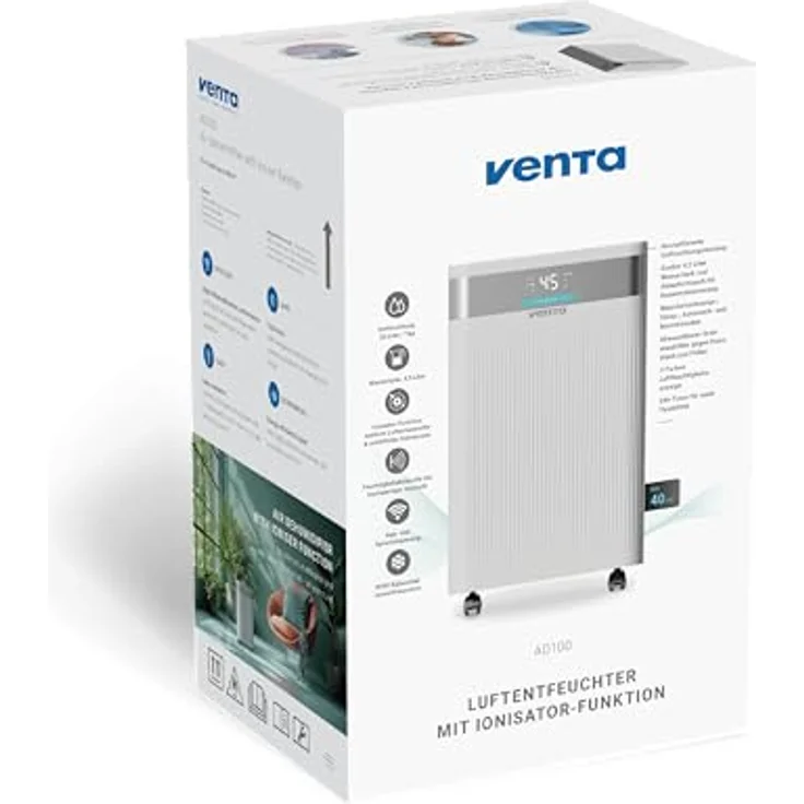 Venta AD100 Luftentfeuchter mit Ionisator-Funktion, 20L/Tag, 4,5L Tank, automatische Feuchtigkeitskontrolle, Wäschemodus, für Räume bis 40m², R290 – Bild 3