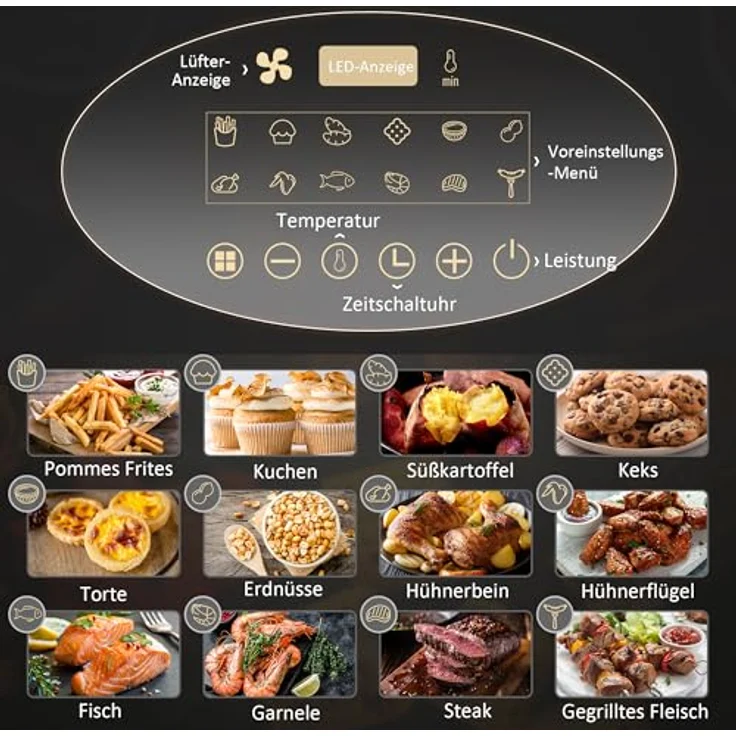HOMCOM Heißluftfritteuse 4L Airfryer 1300W, 12 Programme, 60 Min Timer, antihaftbeschichteter Korb, Überhitzungsschutz, LED-Touch-Display, Schwarz – Bild 3