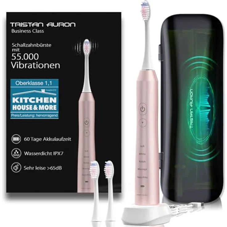 Tristan Auron Schallzahnbürste Business Class - Elektrische Zahnbürste mit UV-Sterilisation & 2 Aufsteckbürsten – 60 Tage Akku – für stilvolle, hygienische Zahnpflege unterwegs (Pink) – Bild 1