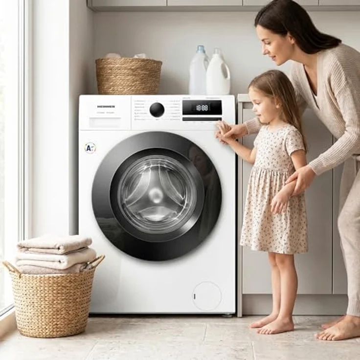 Heinner HWM-HME1014IVA10+++, Frontlader Waschmaschine, 10 kg Kapazität, Energieeffizienzklasse A, 1400 U/min, Weiß mit schwarzer Tür – Bild 10